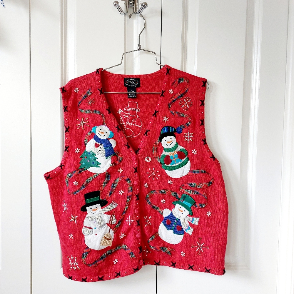 Christmas Ribbon Snowmen Sweater Vest size Large Designer Originals Snowflake - Picture 1 of 5